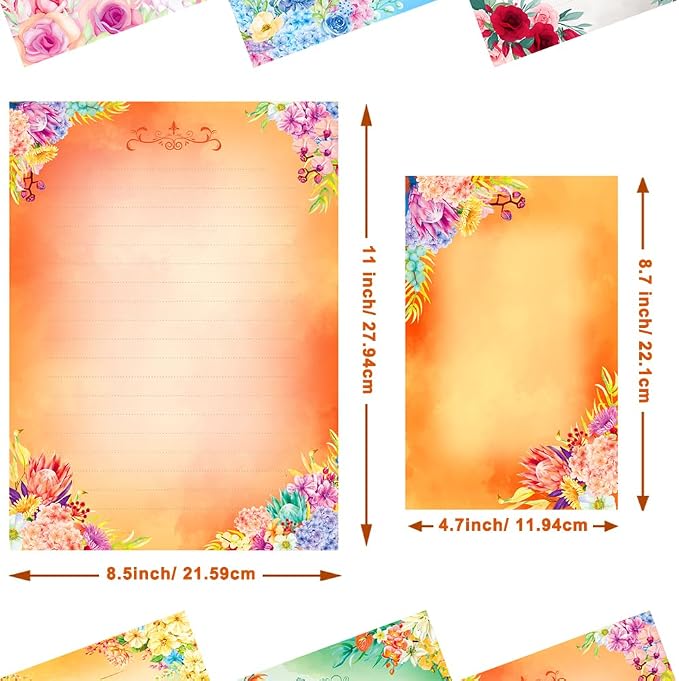 Anzon Mories 60 Pieces Cute Stationary Writing Paper and Envelope Set (2 Sides Colored, 1 Side Lined) 30 Sheets, 30 Pcs Envelopes, Kawaii Letter Stationery 8.5 x 11 In Floral Decoration Ruled