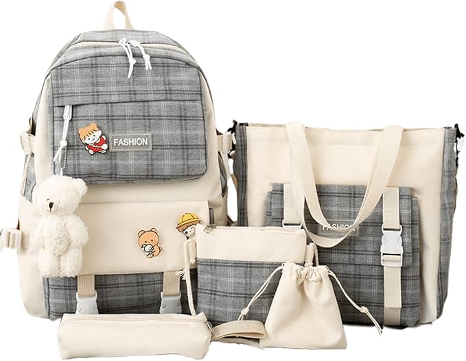 Aobiono 5Pcs Kawaii Plaid Backpack Set Aesthetic Preppy Cute Check with Pins Bear Pendant Light Academia School Supplies Kit