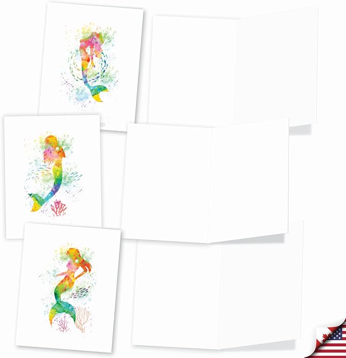 The Best Card Company Assorted Watercolor Blank Greeting Card Box Set - Incl. 10 Notecards + Envelopes, 10 Unique Designs for Thank You, Invitations, More - Funky Rainbow Mermaids AM6863OCB-B1x10