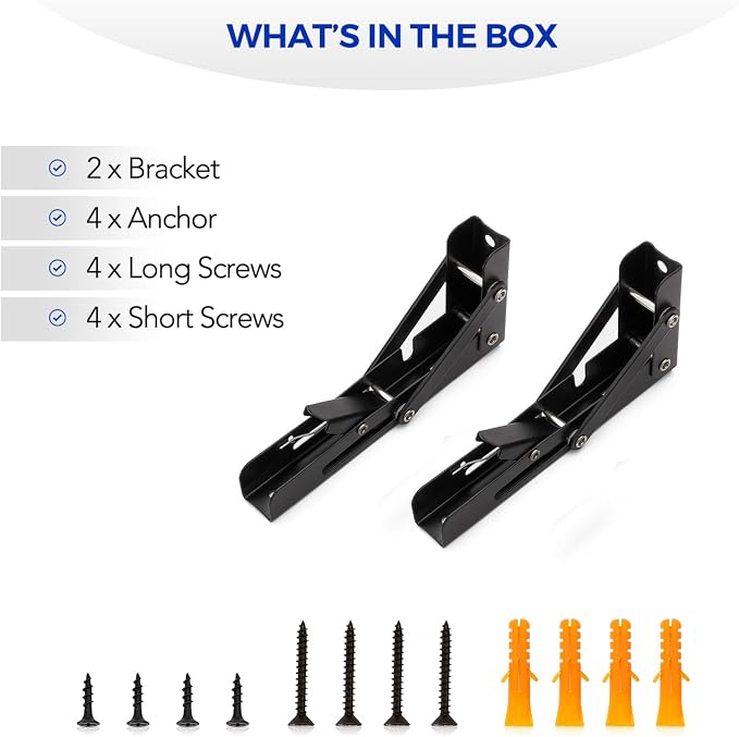 Ravinte 4 Pack 6 Inch Folding Shelf Brackets – Matte Black, Heavy Duty Collapsible Brackets for Tables and Benches – Space-Saving Design