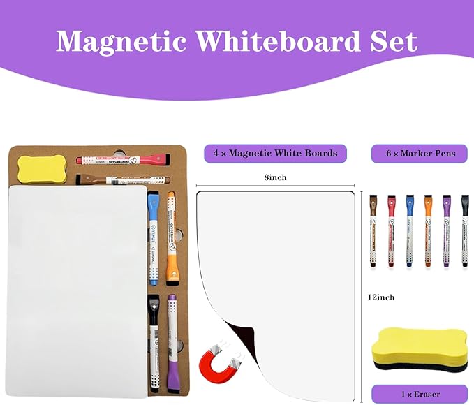 Magnetic Whiteboard for Fridge White Board 12"X8" 4 Pack Magnetic Dry Erase Board with 6 Markers & 1 Eraser Home Kitchen Blank Fridge Magnets Small Whiteboard for Organizer and Planner