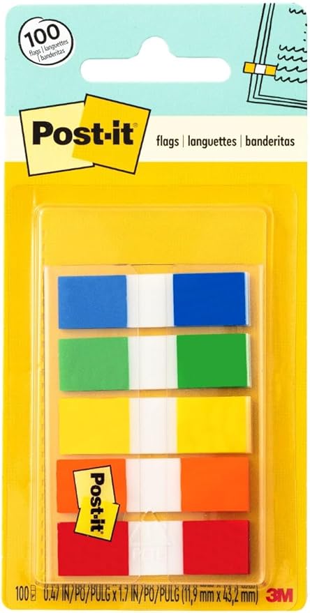 Post-it Flags in Portable Dispenser, 100 Flags/Pack, .47 in x 1.7 in, 20 Each of Red, Bright Orange, Yellow, Green, and Blue (683-5CF) - 3 Pack