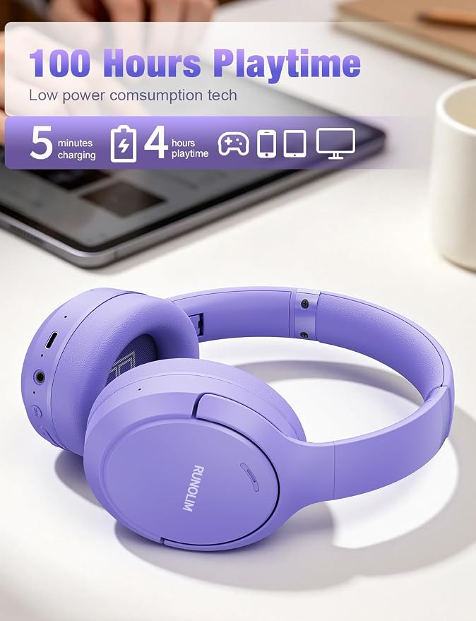 RUNOLIM Hybrid Active Noise Cancelling Headphones, Wireless Over Ear Bluetooth Headphones with Microphone, 100H Playtime, Foldable Headphone with HiFi Audio, Deep Bass for Home Travel Office（Purple）