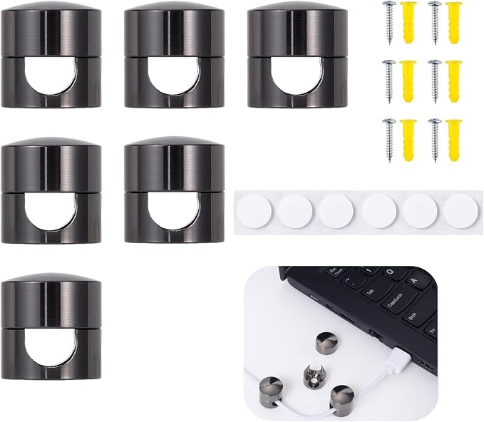 6 Sets Charger Cord Holder, Glossy Black Metal Adhesive Cable Management Clips,Adjustable Phone Cable Anchor Holders,Wire Organizer for Desk, Wall, Home, Office, nightstand, Dresser, Chandelier