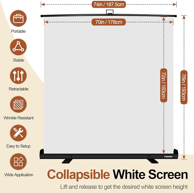 White Backdrop Screen, Collapsible Chroma Key Retractable Photo Background | 74 x 76in Portable Chromakey Panel, Wrinkle Resistant, Pull Up, Video Conference, Live Game, Streaming, Photographic Studio