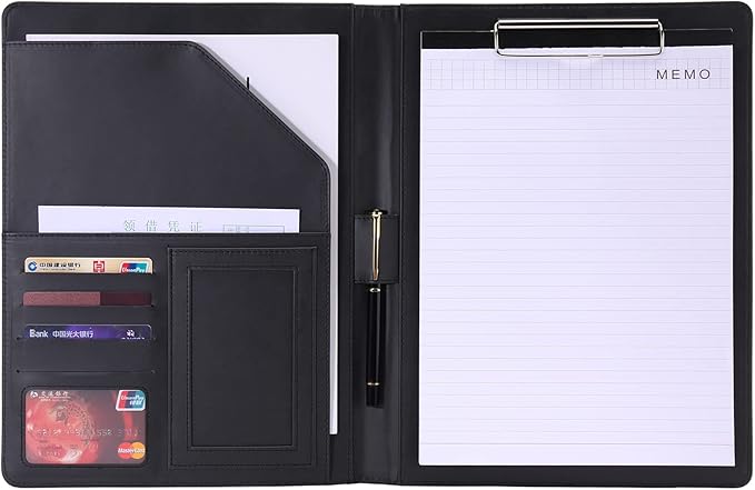 Padfolio/Portfolio Folder Clipboard,Resume/Interview Document Organizer & Business Card Holder Slot/Letter/A4 Size Writing Pad Holder,Faux Leather Office Conference Notepad Clip Boards, Black