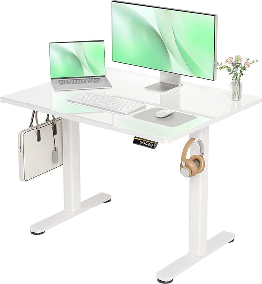 Claiks 40x24 Inch Super White Glass Standing Desk | Adjustable Height, Tempered Glass Top, Stand Up, Quick Install, 3 Memory Presets