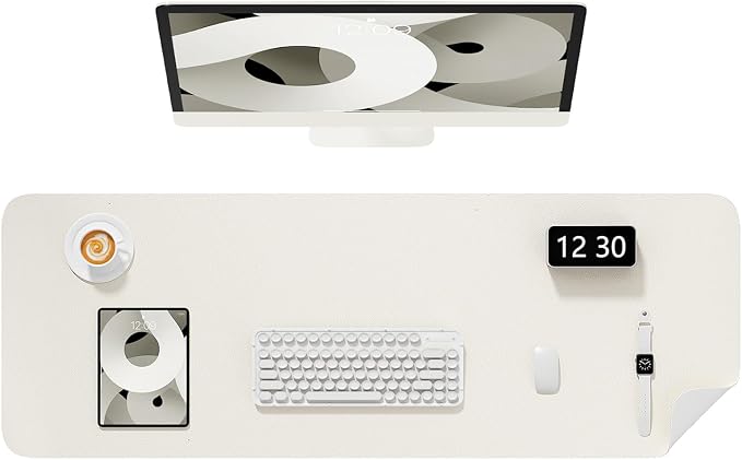 Desk Pad, 48" x 17" PU Leather Non-Slip Desk Mat Large Mouse Pad for Desktop, Waterproof Laptop Computer Writing Mat for Office, Home, Work, Gaming, Ivory White