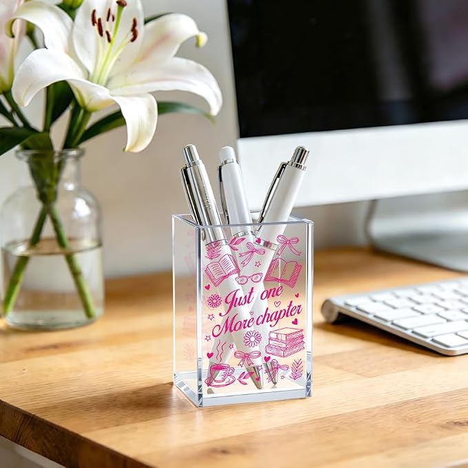 Just One More Chapter Acrylic Cosmetic Pencil Pen Bookmark Storage Holder Cup, Funny Pink bow Pen Holder Cup Gifts for Women Bookworm Book Lover Librarian, Graduation Gifts for Daughter Niece