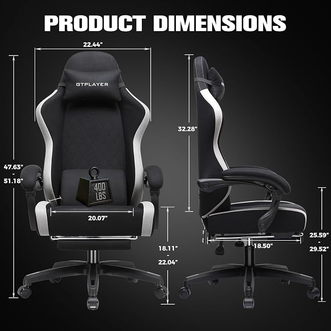 GTPLAYER Big and Tall Gaming Chair 350lbs Heavy Duty Office Chair with Foot Rest, High Back Pocket Spring Ergonomic Computer Chair for Adults, Wide Comfy Seated Cushion with Linkage Armrests, Black