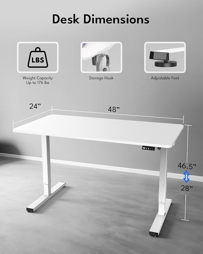 Electric Standing Desk, Gaming Desk, 48 x 24 Inch, White | Height Adjustable Computer Desk with Smart Controller, Sit and Stand Up Table for Home, Office, Work, Study, Writing