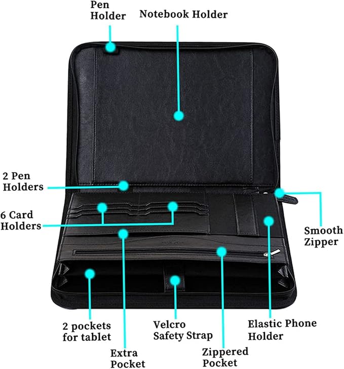 Zippered Padfolio for Women & Men Resume Portfolio Folder Vegan Leather Salesman Business Organizer Planner,with Writing Pad Interior 10.1 Inch Tablet Sleeve Black