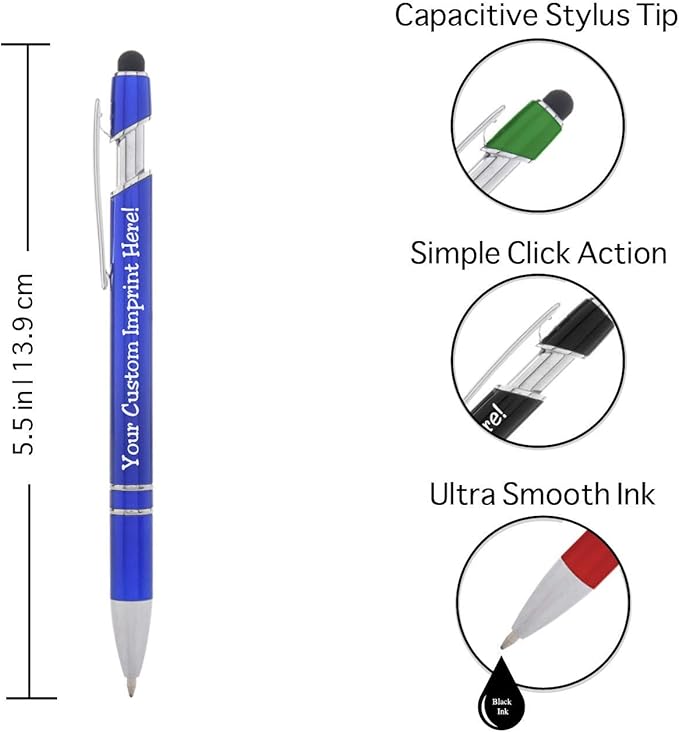 Express Pencils Modern Metallic Personalized Pens, Green, Ultra-Smooth Black Ink, Responsive Clip Action, Bright Finished Barrel, Capacitive Stylus Tip