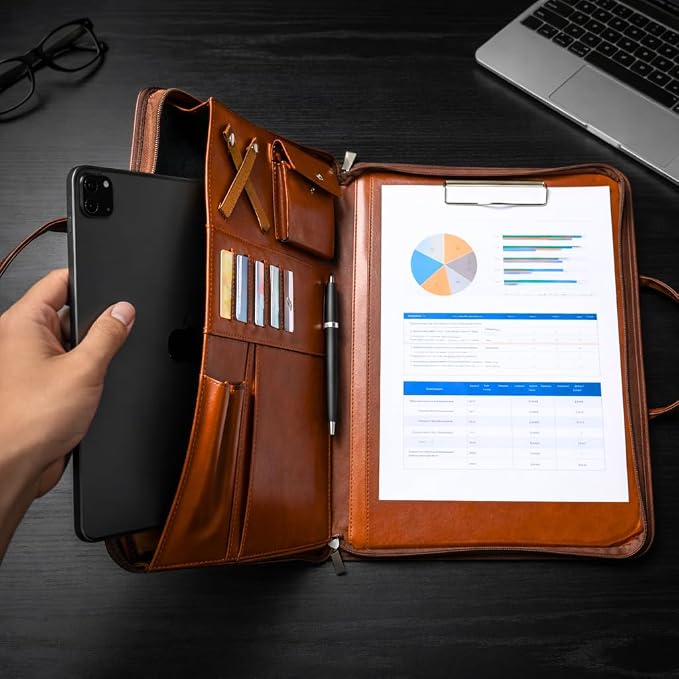 FUNTACY Leather Portfolio with Handles – Professional Business PU Leather Padfolio Organizer, Zippered Portfolio Binder for Documents, Resume, Notebook – Slim Leather File Folder for Men & Women
