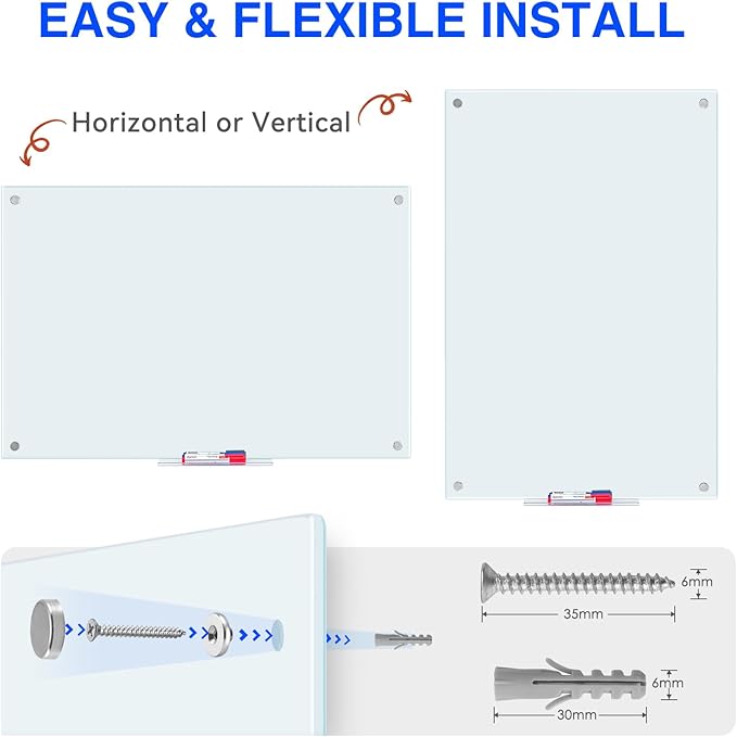 maxtek Magnetic Glass Dry Erase White Board, 48" x 36" Frameless Glass Board for Wall Mounted, Includes 5 Magnets, 3 Markers and 1 Eraser for Classroom Home, Office Supplies (White)