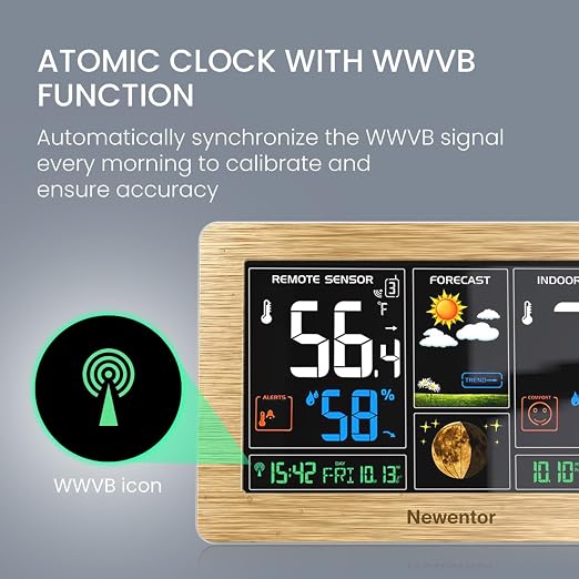 Newentor Weather Station Wireless Indoor Outdoor Thermometer, Wood,1Sensor | Color Display Digital Weather Thermometer with Atomic Clock, Barometric Pressure, Forecast Station with Adjustable Backlight