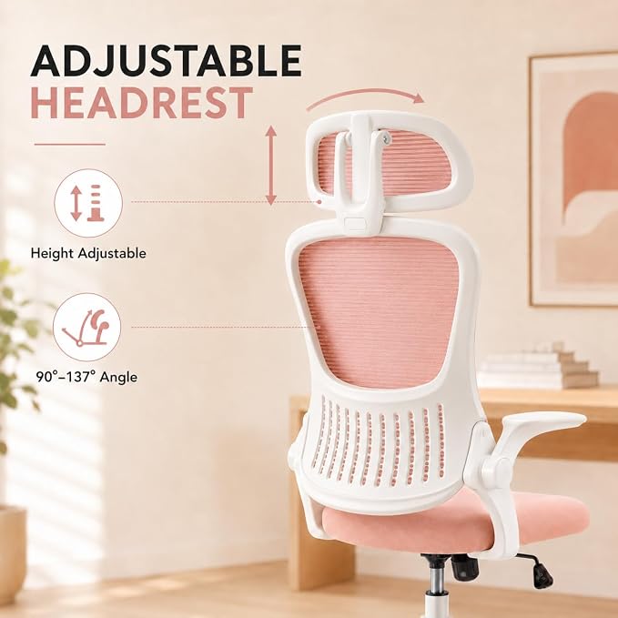 Pink Ergonomic Office Chair, High Back Mesh Desk Chair with Adjustable Headrest Lumbar Support, Computer Chairs with Flip-up Armrests and Thickened Cushion for Adults Home Office, 360° Swivel