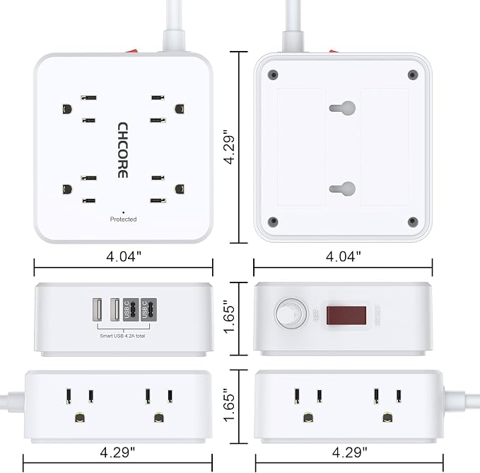 10Ft Surge Protector Power Strip - CHCORE Flat Plug Extension Cord with 8 Outlets and 4 USB Ports(2 USB C), 3 Side Wall Mount Outlet Extender for Home Dorm Room Essentials, ETL Listed, White