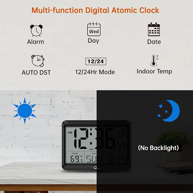 WallarGe Self-Setting Atomic Digital Wall Clock with Auto DST | Battery Operated, Large Display with Temperature, Date and Day, 4 Time Zones, Wall Mount/Desktop Clock for Classroom, Office