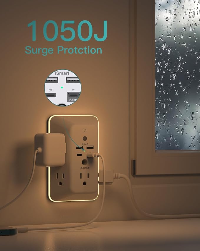 Addtam Surge Protector Outlet Extender, Plug Extension Outlet with Night Light, 5-Outlet Splitter and 4 USB Ports(PD 30W), Multi Plug Wall Outlet for Home Office Dorm Room Essentials