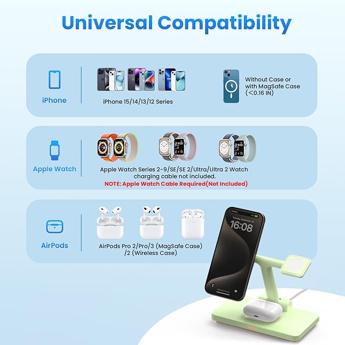 3 in 1 MagSafe Foldable Wireless Charger: JoyGeek Travel Ready Magnetic Stand for iPhone 17 16 15 Plus, Apple Watch 11 10 9, AirPods Max (Green)