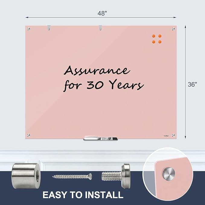 White Board Dry Erase, 48x36 Inches Magnetic Glass Whiteboard, Pink Frameless Glass Dry Erase Board for Wall Office Classroom School Home, 4x3 Feet Large White Board Wall Mounted