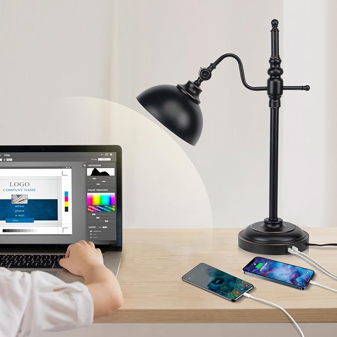 2 Pack Industrial Desk Lamp with 2 USB Charging Port,Black Metal Table Lamp,Adjustable Head Lamp with USB Port for Office Living Room Dorm Farmhouse Reading