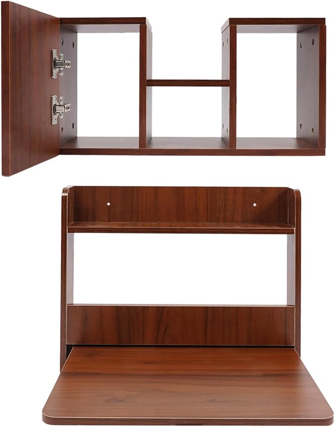Floating Desk, 24" Wall Mounted Folding Desk with Bookshelf Folding Wall Desks Space Saving Workstation with Storage Shelves for Home Office Bedroom Study Room Small Space