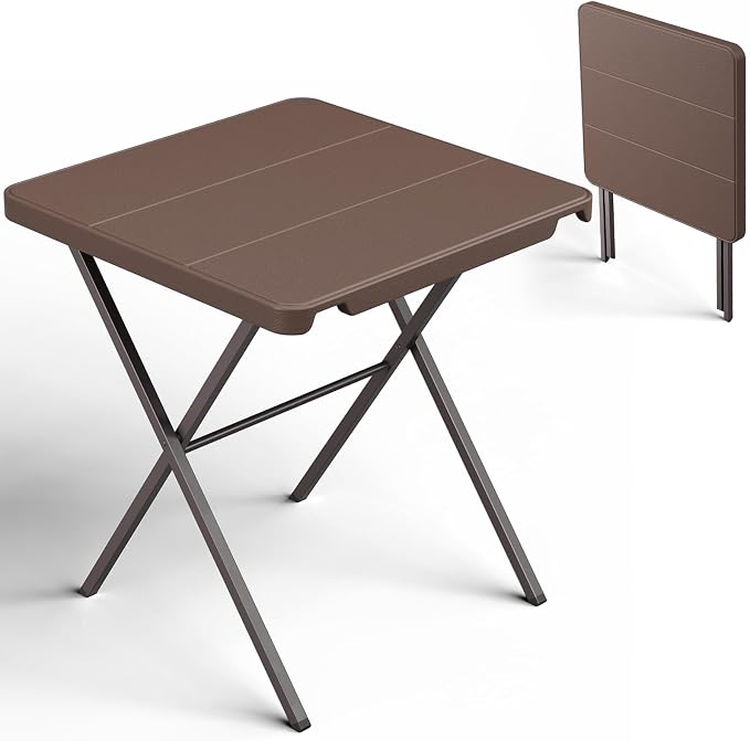 Folding Table, 27 Inch Square Foldable Card Table No Assembly, Portable Coffee Table with Heavy Duty Steel Frame Supports to 400lbs, Ideal for Small Spaces, Picnic, Camping, RV Travel, Parties, Brown