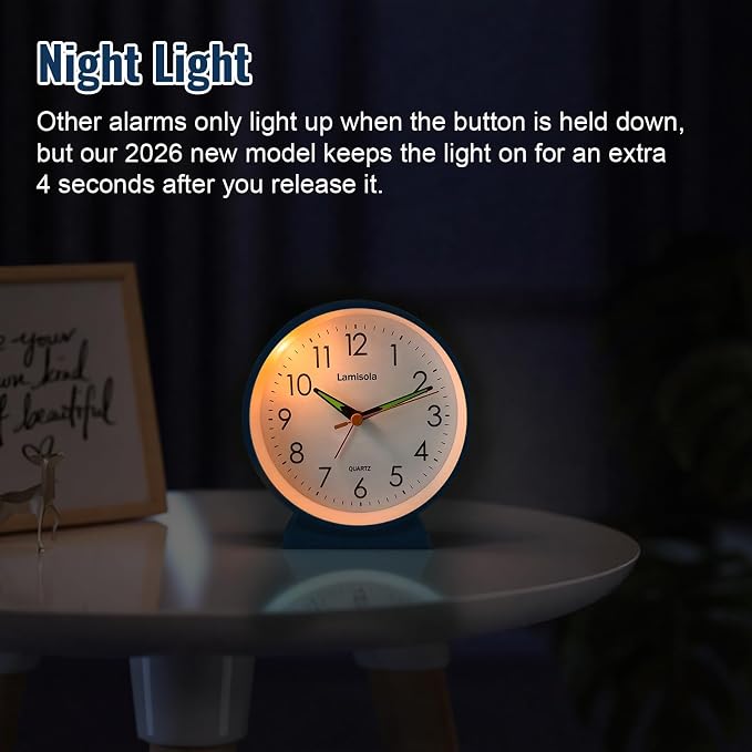 Lamisola 4.5 Inch Small Silent Analog Alarm Clock, Retro Battery Operated Desk Clock with Night Light Stays On 4 Seconds Vintage Metal Table Clock for Bedside, Bedroom, Office, Bathroom - Navy Blue