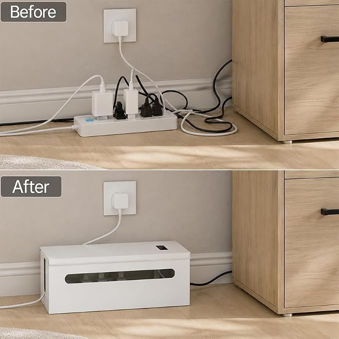Slim Metal Large Cable Management Box Cord Hider Wire Organizer Boxes | Power Strip Box for Electrical Cord Hiding, Home Office Floor and Desk Cables Hider, TV Wires Storage Organization