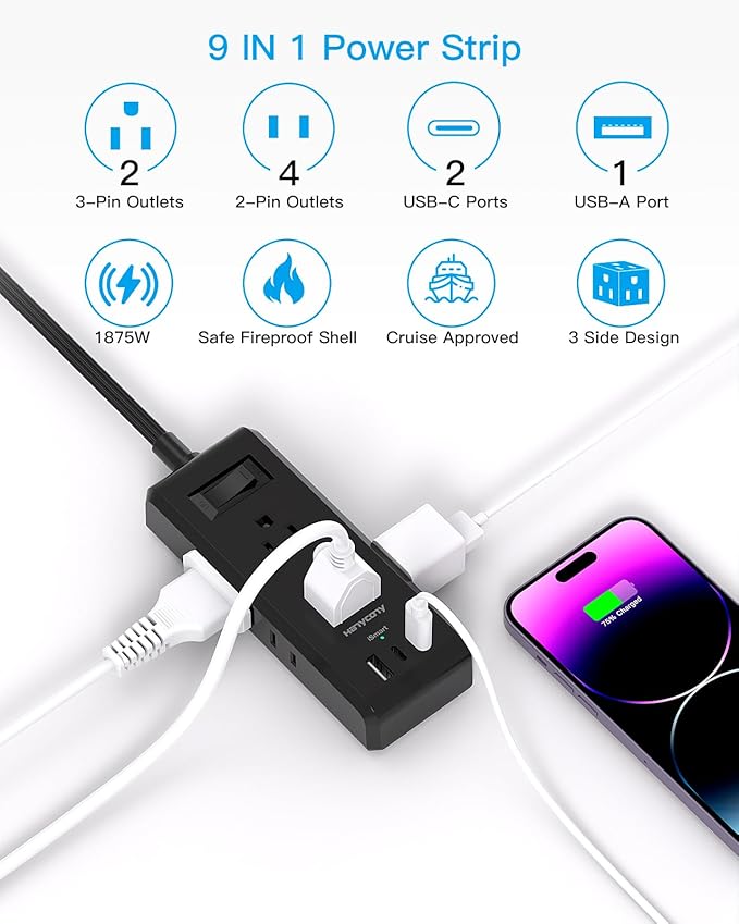 Cruise Essentials, Flat Plug Power Strip, HANYCONY 5ft Ultra Flat Extension Cord - 6 Outlets 3 USB Ports (2 USB C) Desktop Charging Station, No Surge Protection for Travel, Dorm Room Essentials, Black