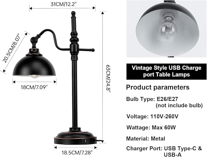 Industrial Desk Lamp - Black Metal Task Lamp with 2 USB Charging Ports,Vintage Farmhouse Style for Bedroom,Coffee,Dorm,Farmhouse Decor