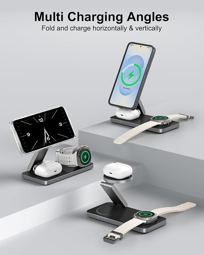 3-in-1 Charging Station for Samsung, Magnetic Fast Wireless Charger Stand Compatible with MagSafe for Galaxy S26/S25/S24/S23/Z Fold/Flip 7 Series, Galaxy Watch Ultra/8/7/6/5, Galaxy Buds Pro/4/3/2