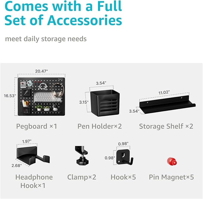 PEGZONE Clamp-on Desk Pegboard, Desk Organizer for Office Gaming Home, Magnetic Metal Peg Board with 15 Accessories, Privacy Panel, 20.4" x 16.5", Large, Black