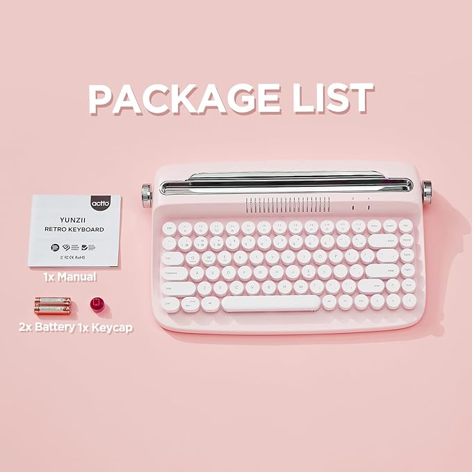 YUNZII ACTTO B303 Wireless Typewriter Keyboard, Bluetooth Connection, Cute Retro Aesthetic Design with Integrated Stand for Tablet, Phone, PC and Win/Mac/Android(B303, Baby Pink)