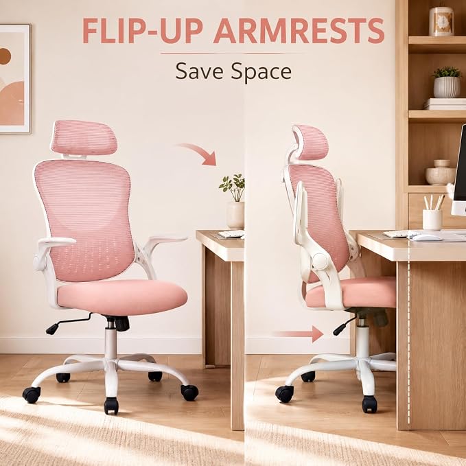Pink Ergonomic Office Chair, High Back Mesh Desk Chair with Adjustable Headrest Lumbar Support, Computer Chairs with Flip-up Armrests and Thickened Cushion for Adults Home Office, 360° Swivel