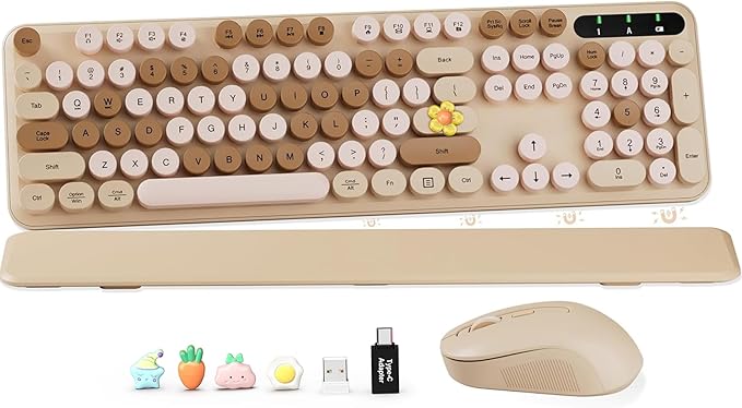 Wireless Keyboard and Mouse Combo, Round Keycaps, Full-Size Retro Typewriter Keyboard with Magnetic Wrist Rest, Tilt Legs, 2.4GHz Cordless for Mac, Windows PC, Laptop, SABLUTE CK23, Latte Beige