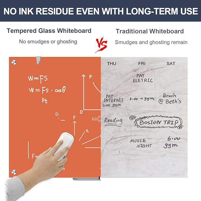 Glass Dry Erase Board for Wall, 36x24 Inches Magnetic Glass Whiteboard, Orange Frameless White Board for Office School Classroom Home, 3x2 Feet Large Whiteboard Wall Mounted