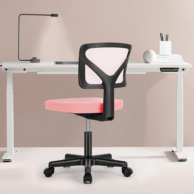 Sweetcrispy Small Desk Chair, Ergonomic Low-Back Mesh Rolling Work Swivel Chairs with Wheels, Armless Comfortable Seat Lumbar Support for Home, Bedroom, Study, Student, Adults,Classic Pink