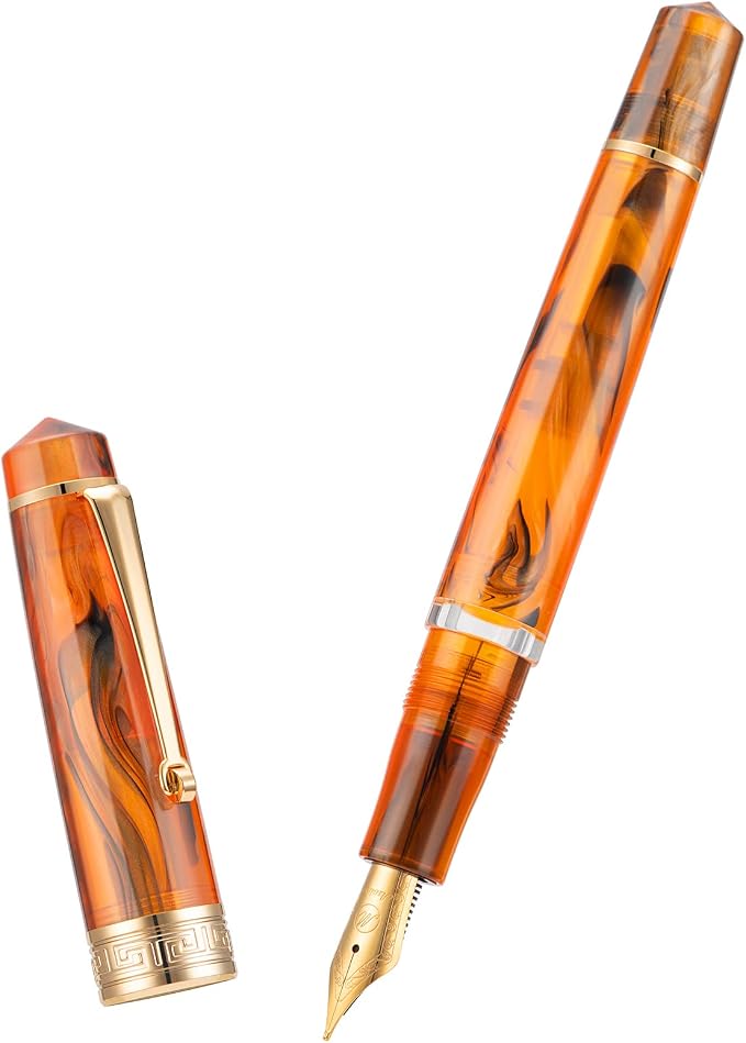 Asvine P20 Piston Fountain Pen Amber Resin, Iridium Medium Nib Gold Trim Smooth Writer Collection with Case Set