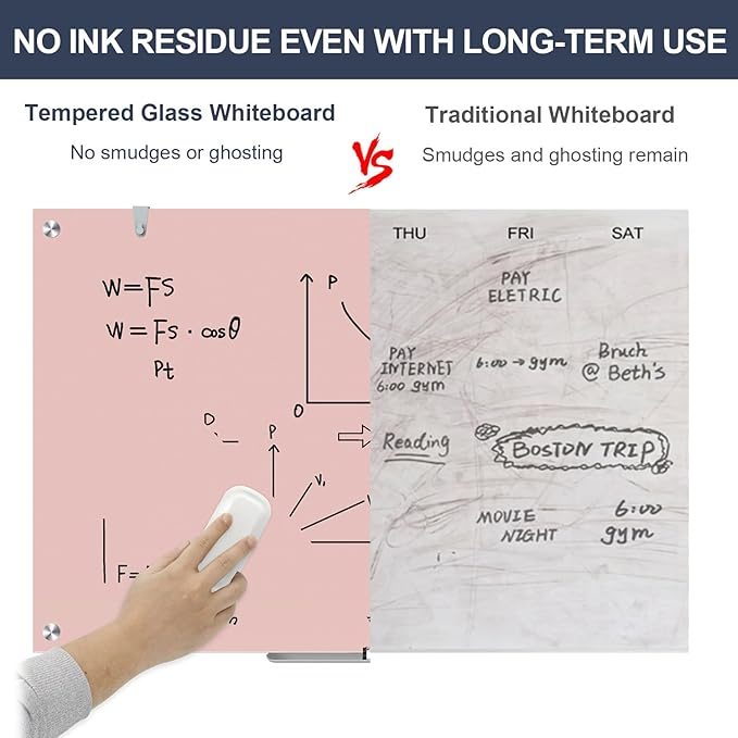 Glass Whiteboard, 36x24 Inches Magnetic Glass Dry Erase Board, Pink White Board for Wall Office School Classroom Home, 3x2 Feet Large White Board Wall Mounted
