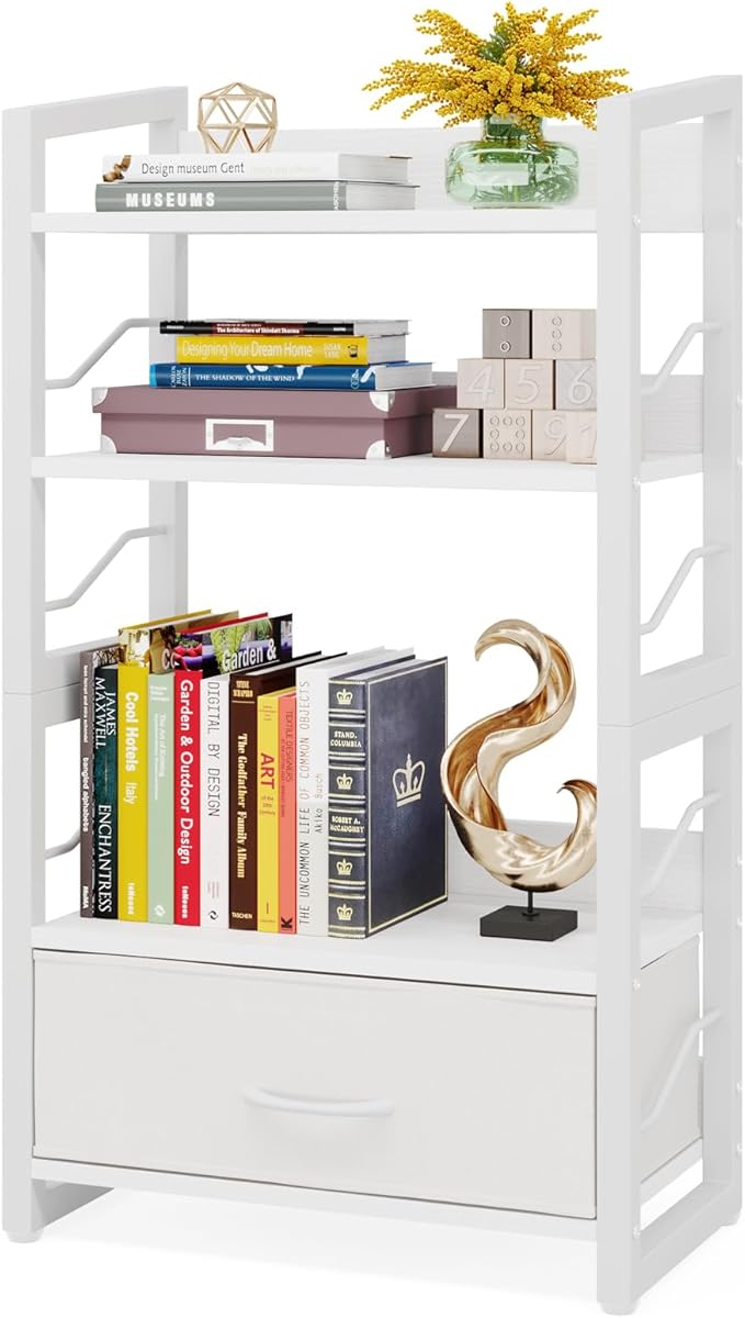 Hosfais Small Bookshelf with Drawer - 4-Tier Wood Book Shelf Industrial Narrow Bookcase Storage Organizer Metal Stackable Shelves for Desktop Bedroom Living Room Home Office (White)