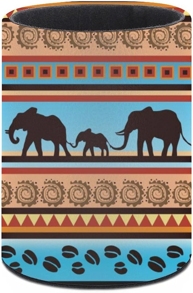 Tribal Ethnic Elephant Pen Holder for Desk PU Pencil Cup Organizer | Round Desks Makeup Brush Holder for School Multifunctional Office Supplies