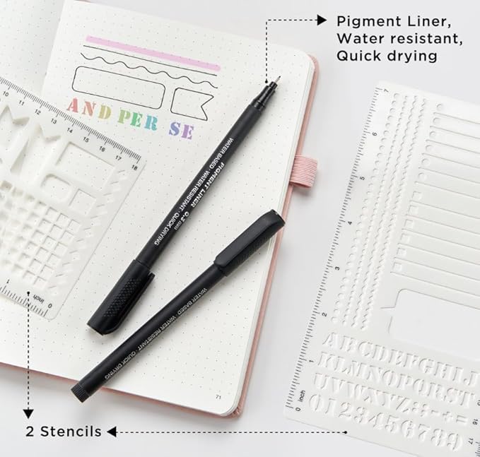 &And Per Se A5 Hardcover Dotted Notebook Kit for Beginners – 176 Numbered Pages, 100gsm Thick Paper, Includes Stencils & Fineliner Pen | Leather Bullet Journal with Templates, Lay Flat Design, Premium Gift for Women Men (Grey)