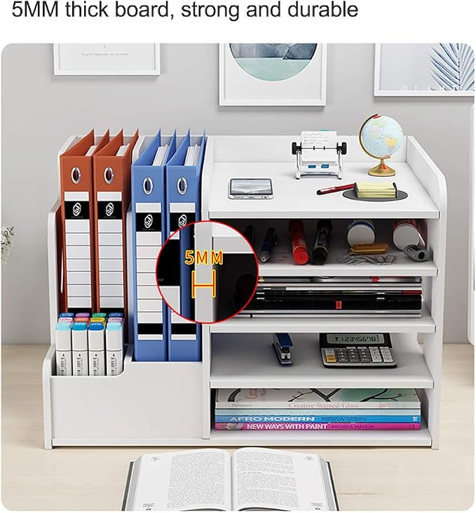 White Desktop Organizer, Multipurpose Desk Document File Tray Organizer Storage Display Shelf Rack for Home Office School(PB07-3)