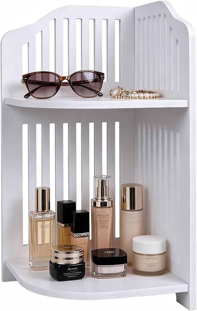 HornTide 2-Tier Corner Shelf, Brief Fashion Organizer Storage Rack, for Cosmetic Doll Potted-Plant Vitamins Supplements Caddy, DIY Desk/Table Decoration, Wood-Plastic Composites, White