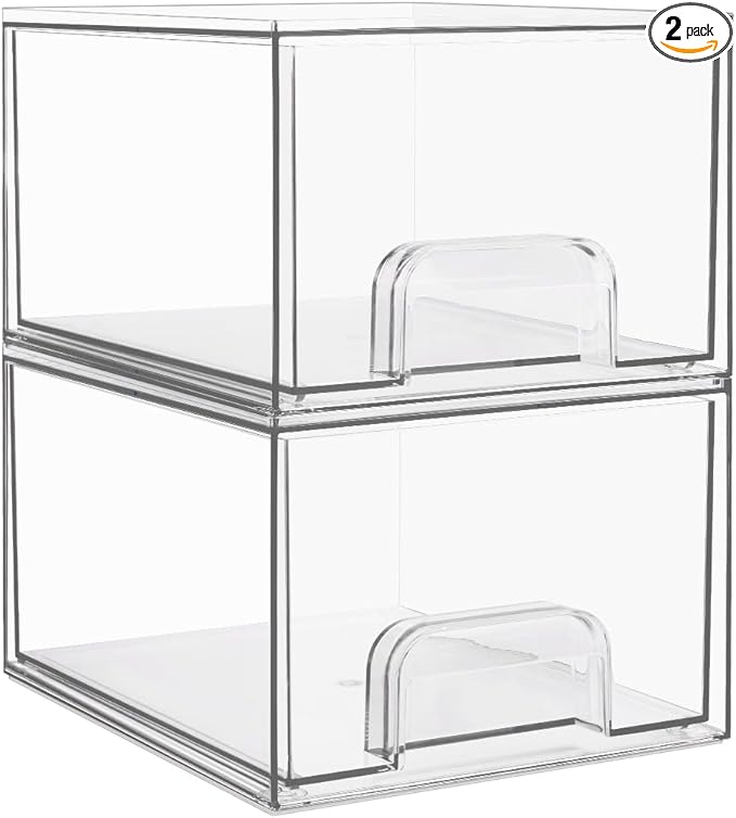 Vtopmart 2 Pack Small Clear Stackable Storage Drawers,Acrylic Bathroom Makeup Organizer,Plastic Storage Bins for Vanity, Undersink, Kitchen Cabinets, Pantry, Home Organization