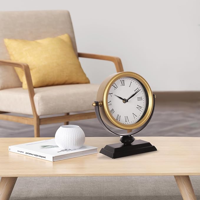 Vintage Analog Table Clock Battery Operated Silent Gold | Vintage Decor, Living Room Bedroom Office Shelf, Farmhouse Mantel Fireplace, Non-Ticking Silent, Small, Gold Desk Retro Style