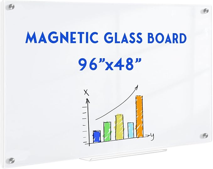 Magnetic Glass Whiteboard, 8' x 4', Frameless Wall Mount, Ultra White | 96" x 48", Large Glass Dry Erase Board for Wall, Includes 1 Marker Tray, 10 Magnets, White Board for Office, Home, Classroom